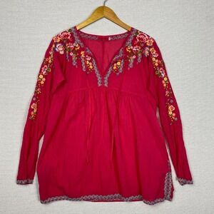 Johnny Was Vanessa Top Womens M Pink Embroidered Boho Peasant Cotton Floral
